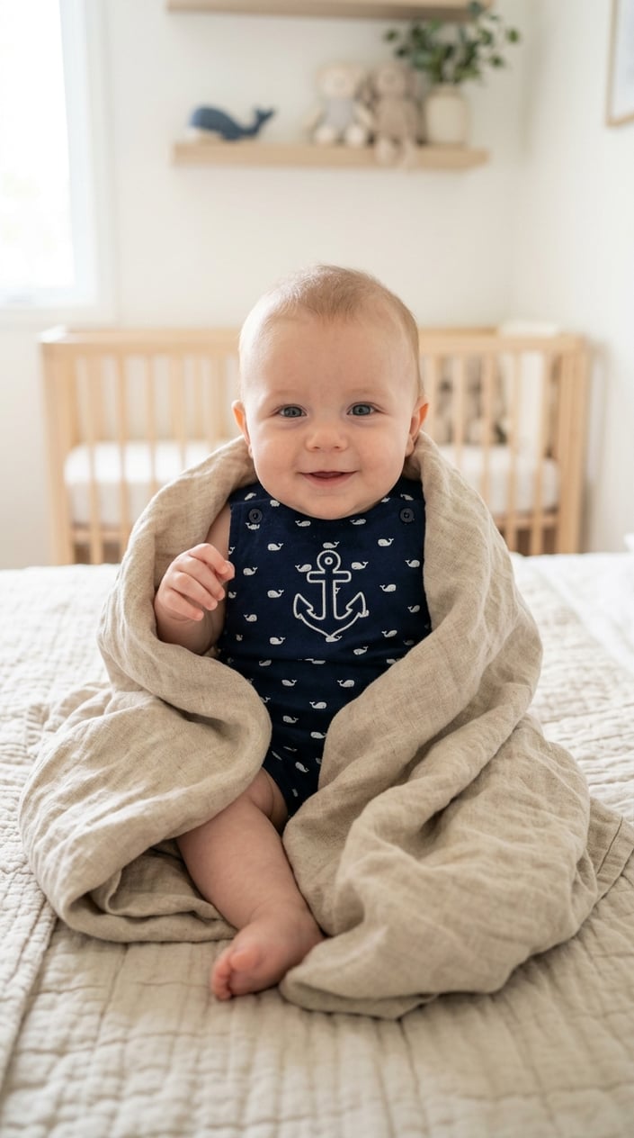 A baby wearing a navy romper with tiny whales and an anchor, wrapped in a neutral linen swaddle, resting peacefully.