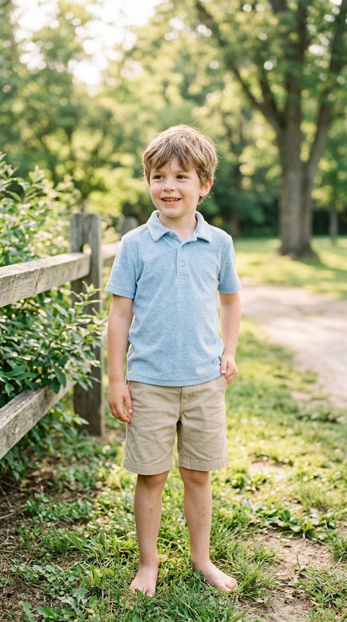 A young boy wearing a light polo shirt and khaki shorts standing outdoors with a cheerful expression.