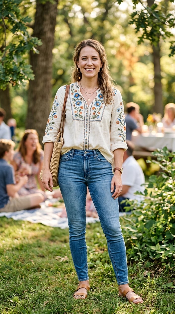 A woman wearing an embroidered blouse and jeans stands outdoors, smiling softly with a blurred natural background.