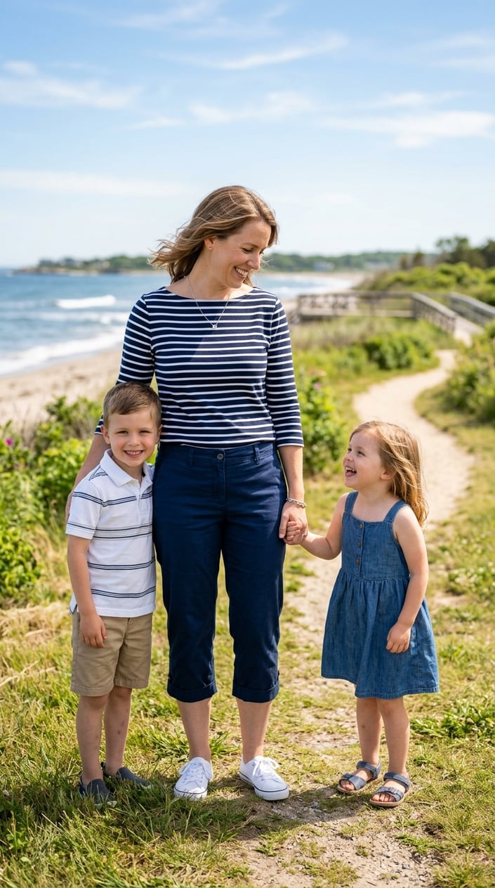 A mother wearing a boatneck tee and capri pants stands outdoors on a sunny day, smiling gently with a blurred natural background.