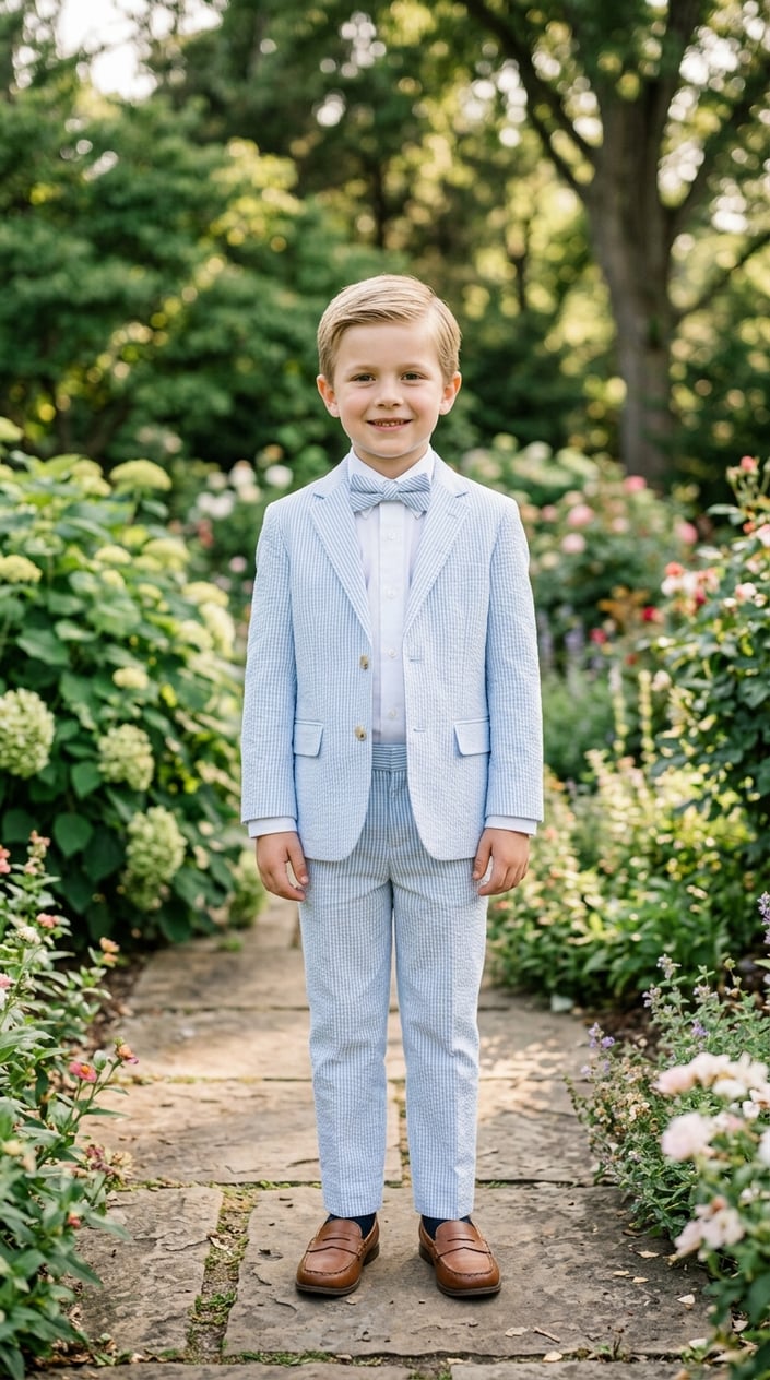 Young boy wearing a pastel seersucker suit with a matching bow tie, standing outdoors in a garden.