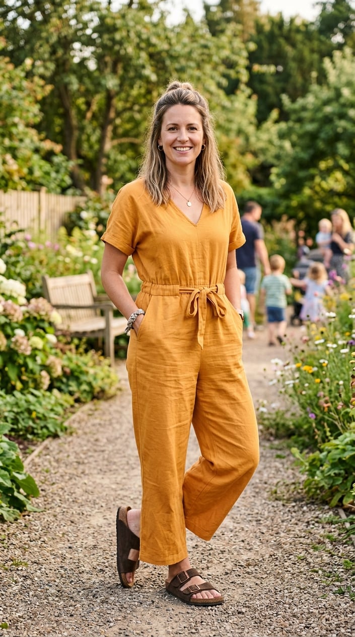 A woman standing outdoors wearing a mango-colored jumpsuit and Birkenstock sandals with a blurred green background.