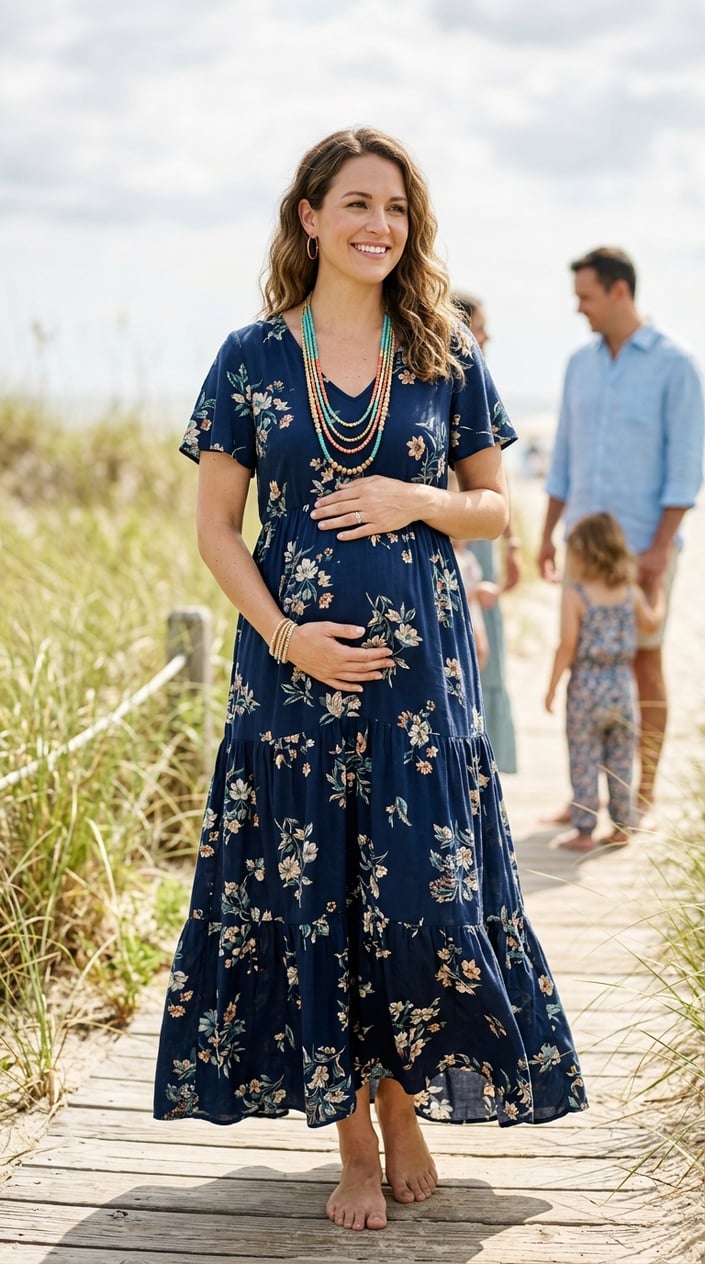 A woman wearing a long summer dress and a colorful beaded necklace, standing outdoors in soft natural light.