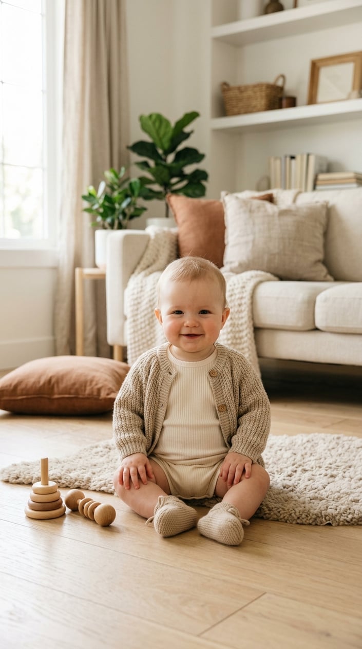 A baby wearing a cream-colored romper and beige knit cardigan sitting indoors on a wooden floor.