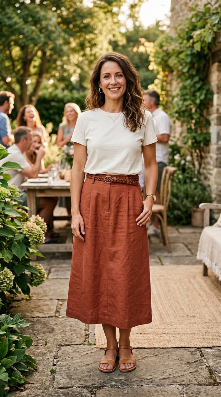 A woman standing outdoors wearing a rust-colored midi skirt and an off-white cotton t-shirt.