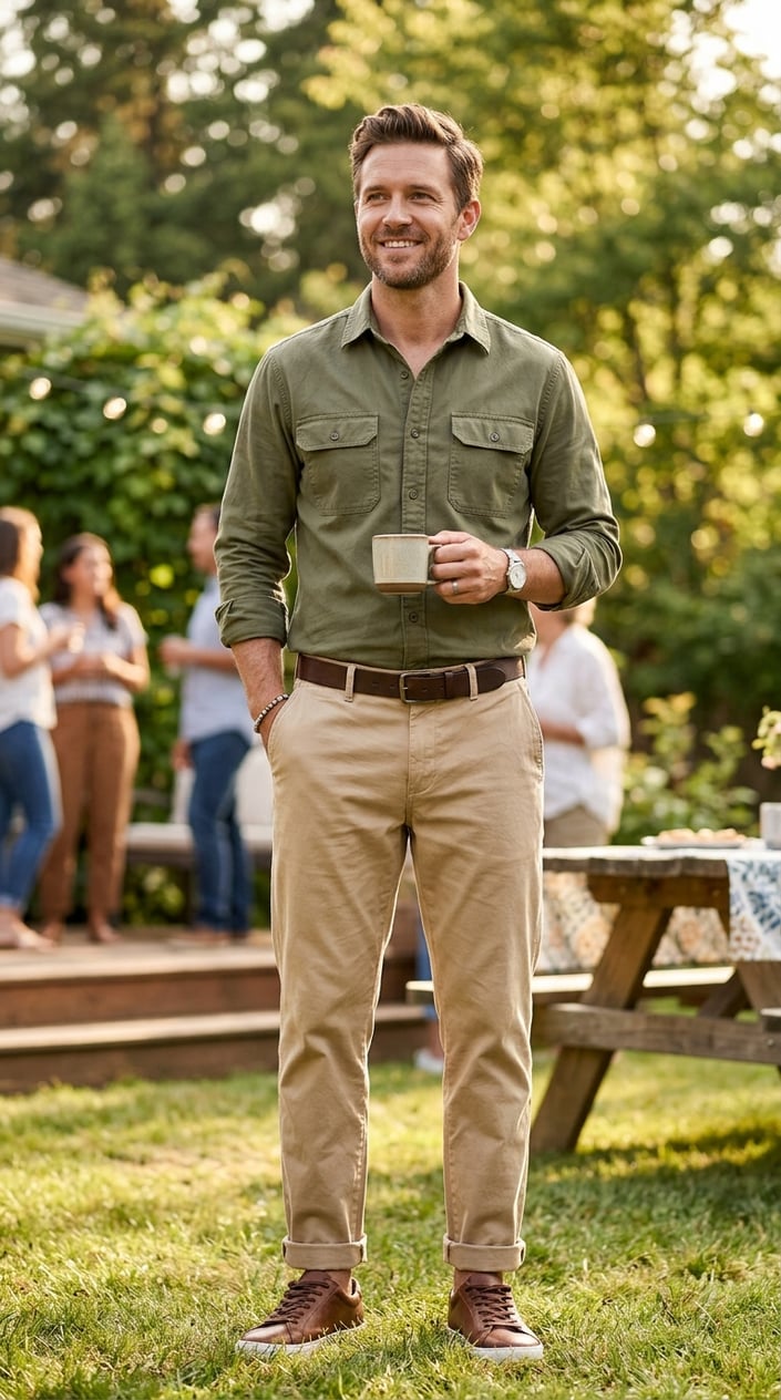 A man standing outdoors wearing an olive green shirt and rolled-up light-colored chinos in a relaxed pose.
