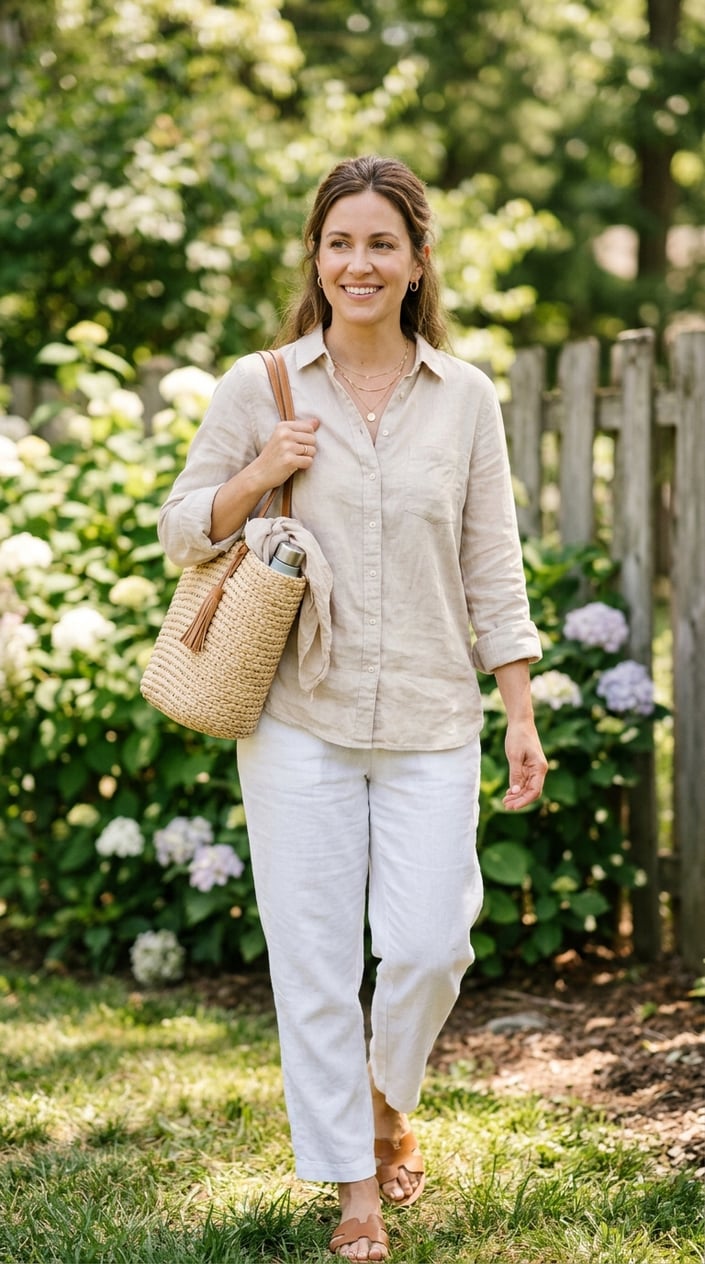 A woman outdoors wearing a linen shirt and carrying a straw tote bag, smiling gently with greenery behind her.