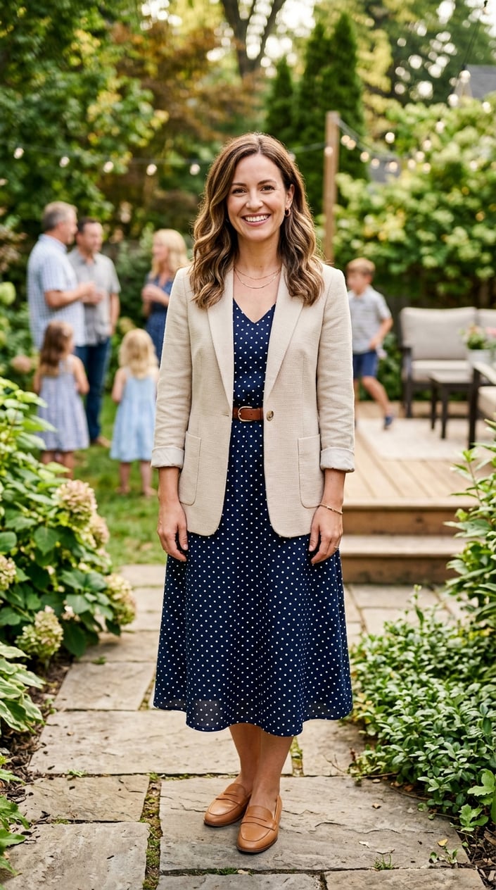 A woman wearing a navy polka-dot dress and beige blazer smiling outdoors in a summer setting.