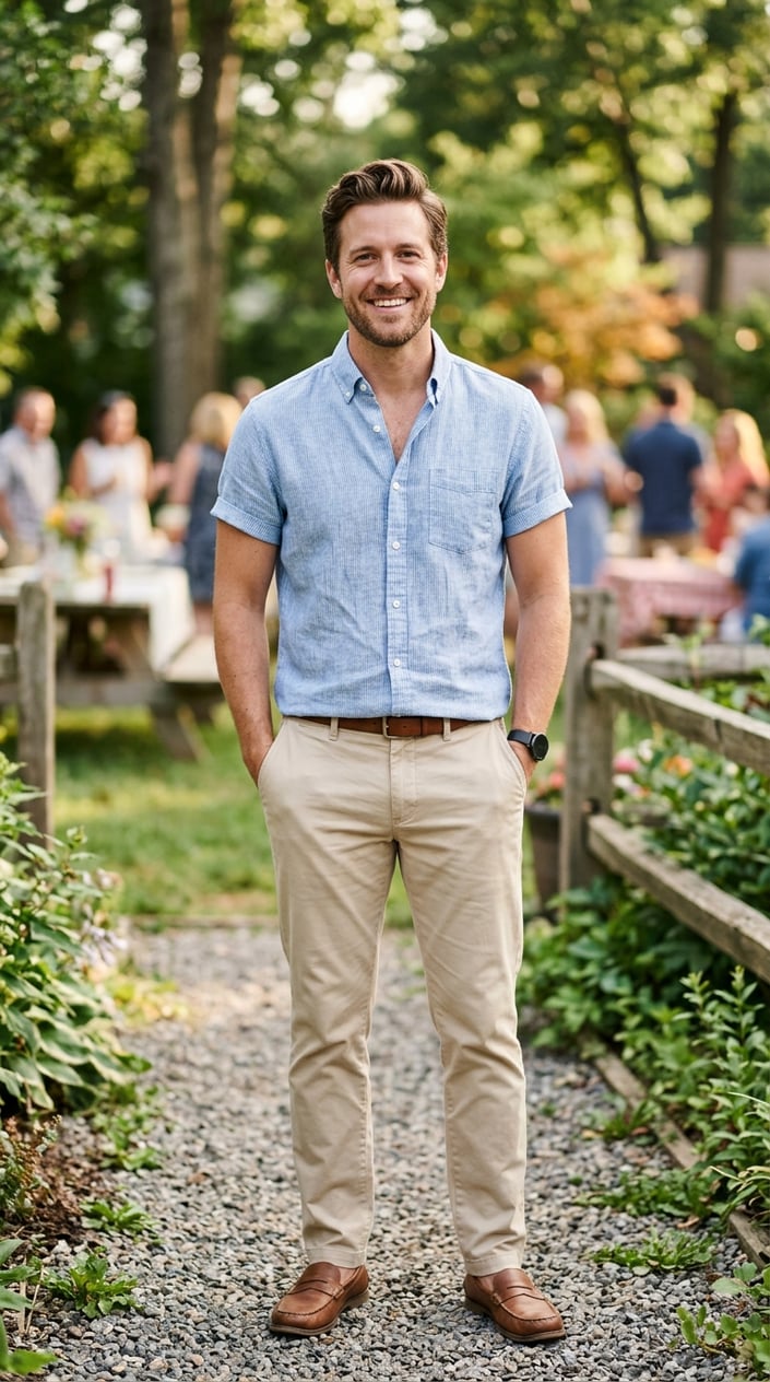 A man wearing a light linen shirt and sand-colored chinos standing outdoors in natural light.