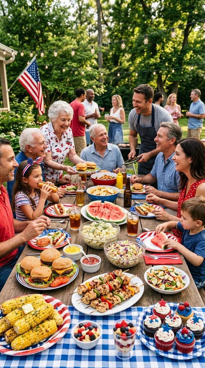 24 Fourth of July Foods That Bring Everyone to the Backyard on Time 2 A backyard picnic table filled with various Fourth of July foods and people gathered around enjoying the meal on a sunny summer day.