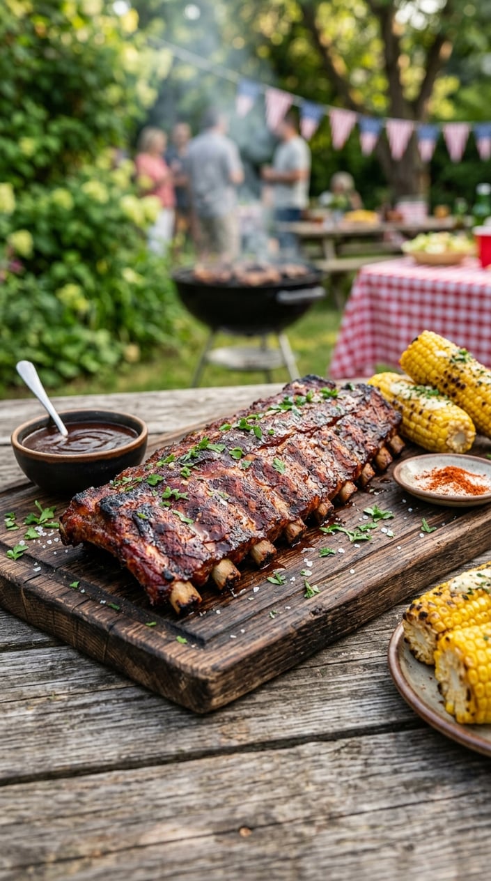 24 Fourth of July Foods That Bring Everyone to the Backyard on Time 3 A platter of grilled BBQ baby back ribs with a smoky dry rub on a wooden table, surrounded by barbecue sauce and grilled corn, set in an outdoor backyard.