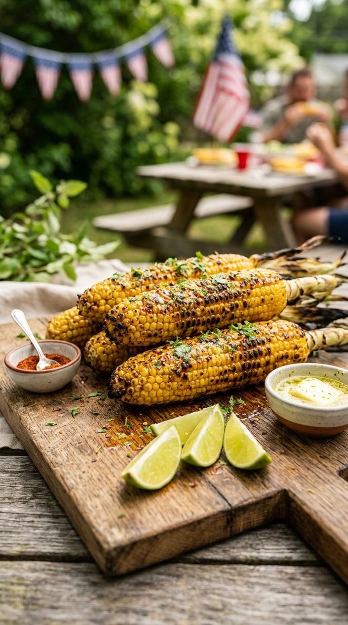24 Fourth of July Foods That Bring Everyone to the Backyard on Time 4 Grilled corn on the cob with lime-chili butter on a wooden board, accompanied by lime wedges and chili powder in a backyard setting.