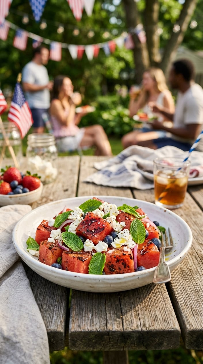24 Fourth of July Foods That Bring Everyone to the Backyard on Time 5 A bowl of charred watermelon, feta, and mint salad on a wooden table with summer decorations in the background.