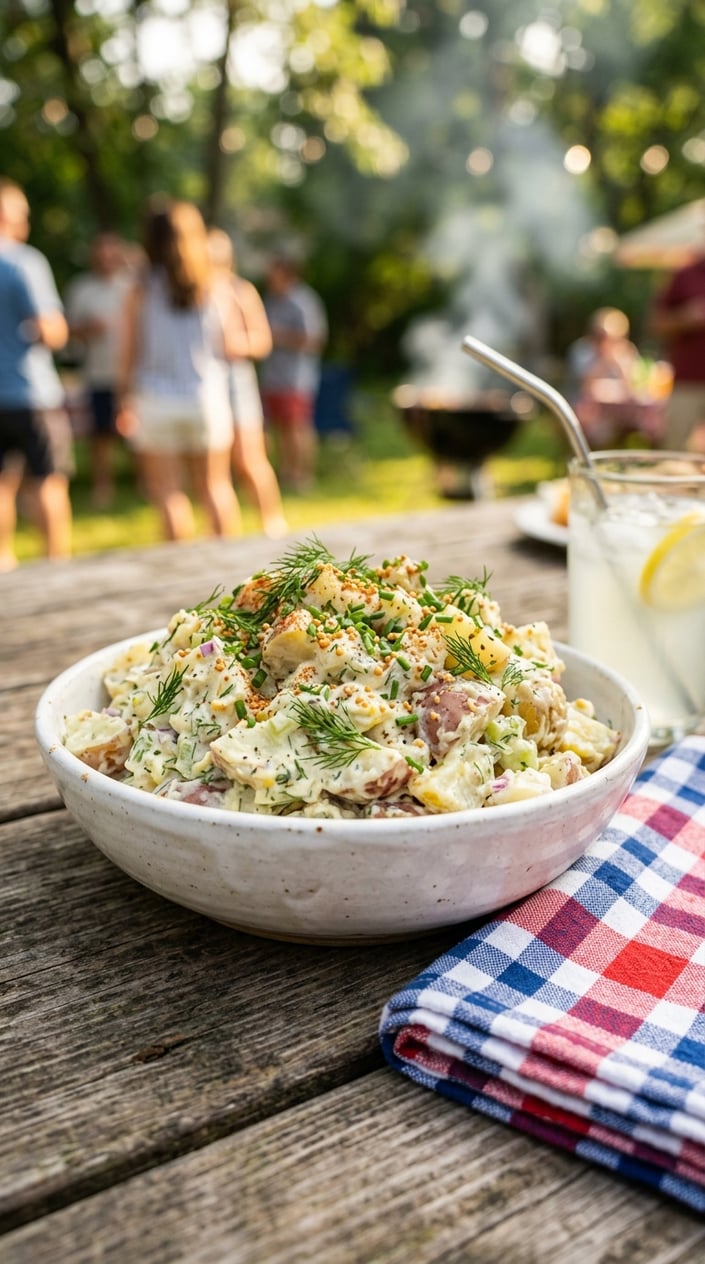 24 Fourth of July Foods That Bring Everyone to the Backyard on Time 6 A bowl of creamy potato salad garnished with dill and mustard seeds on a wooden table with a blurred backyard barbecue scene in the background.