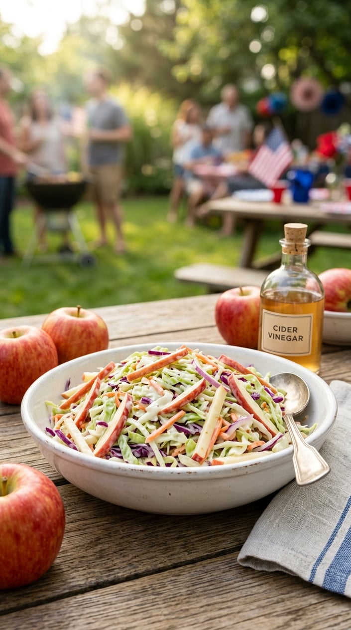 24 Fourth of July Foods That Bring Everyone to the Backyard on Time 7 A bowl of creamy coleslaw with shredded cabbage and apple slices on a wooden table outdoors, with summer greenery in the background.
