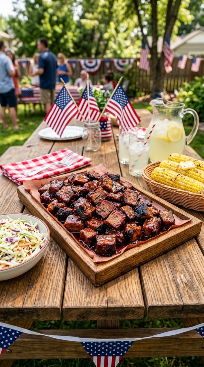 24 Fourth of July Foods That Bring Everyone to the Backyard on Time 8 A platter of smoked brisket burnt ends on a picnic table with barbecue sides and patriotic decorations outdoors.