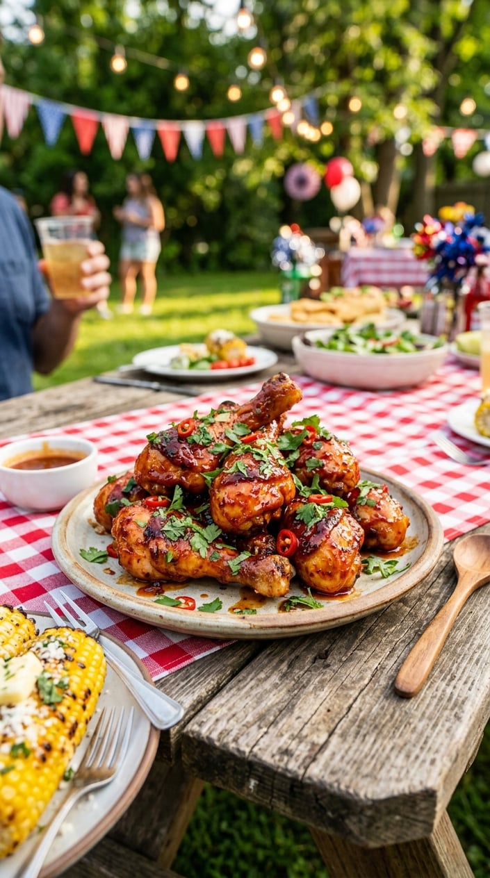 24 Fourth of July Foods That Bring Everyone to the Backyard on Time 9 A plate of honey-sriracha glazed chicken drumsticks on a picnic table with summer barbecue foods and outdoor decorations.