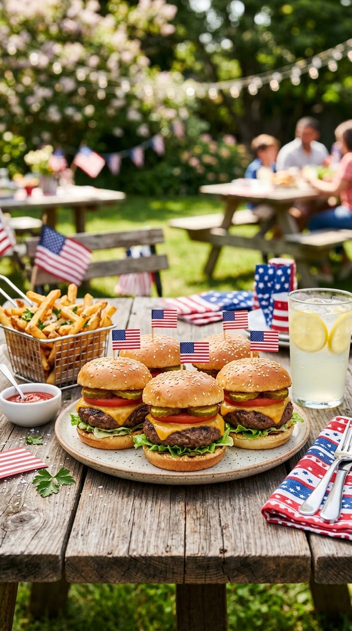 24 Fourth of July Foods That Bring Everyone to the Backyard on Time 10 Plate of cheeseburger sliders with cheese, lettuce, and tomato on a picnic table outdoors with American flags and summer decorations.