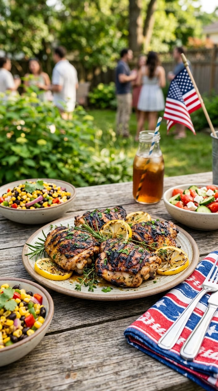24 Fourth of July Foods That Bring Everyone to the Backyard on Time 11 A plate of grilled lemon-herb chicken thighs garnished with lemon slices and herbs on a wooden table with a backyard setting.
