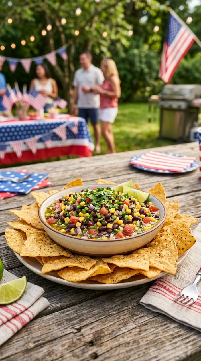 24 Fourth of July Foods That Bring Everyone to the Backyard on Time 12 A bowl of black bean and corn salsa with tortilla chips on a wooden table in an outdoor backyard setting.
