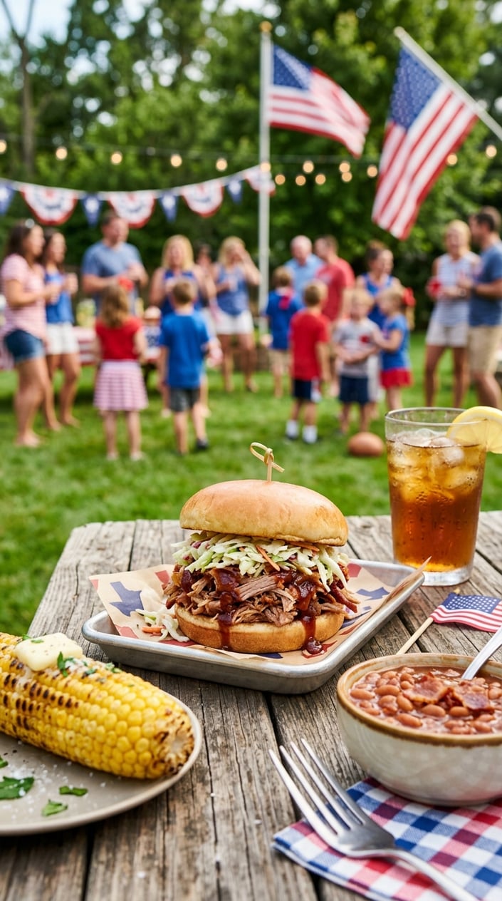 24 Fourth of July Foods That Bring Everyone to the Backyard on Time 13 A pulled pork sandwich with barbecue sauce and coleslaw on a bun, placed on a wooden table with summer picnic foods and people celebrating in the background.