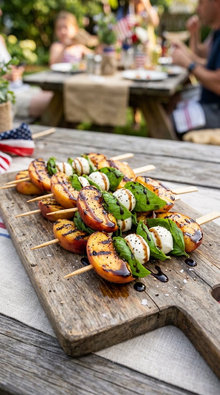 24 Fourth of July Foods That Bring Everyone to the Backyard on Time 14 Close-up of grilled peach Caprese skewers with mozzarella, basil, and balsamic glaze on a wooden board in an outdoor backyard setting.