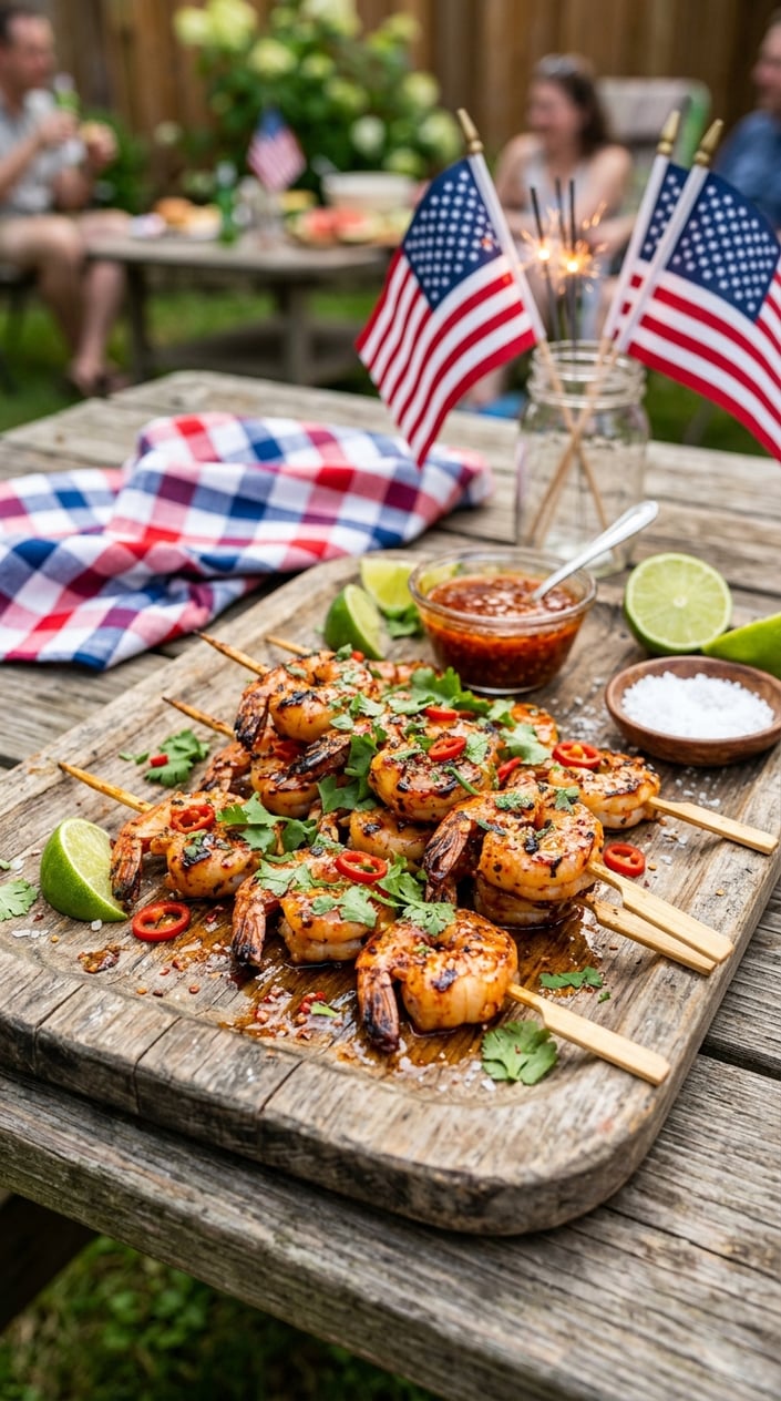 24 Fourth of July Foods That Bring Everyone to the Backyard on Time 15 Close-up of grilled firecracker shrimp skewers on a wooden platter with fresh herbs and chili, set on a table with small American flags and picnic decorations in a backyard.