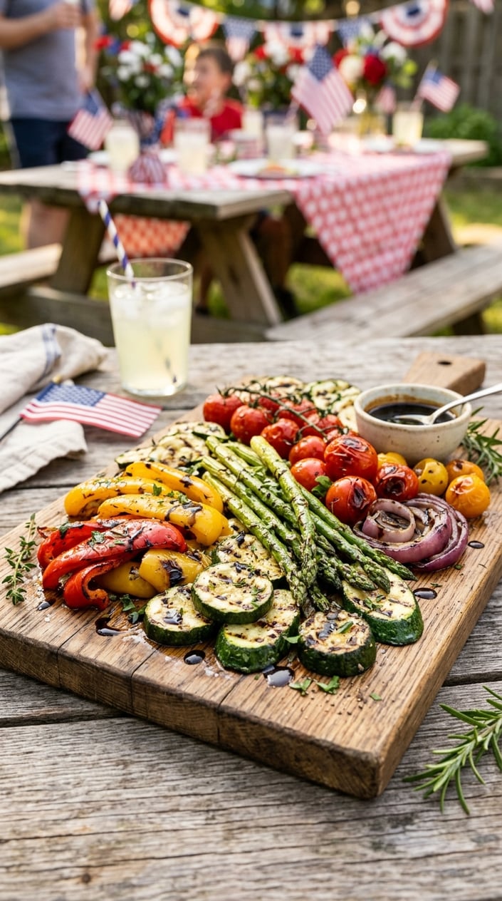24 Fourth of July Foods That Bring Everyone to the Backyard on Time 16 A platter of assorted grilled vegetables drizzled with balsamic glaze on a wooden board outdoors.