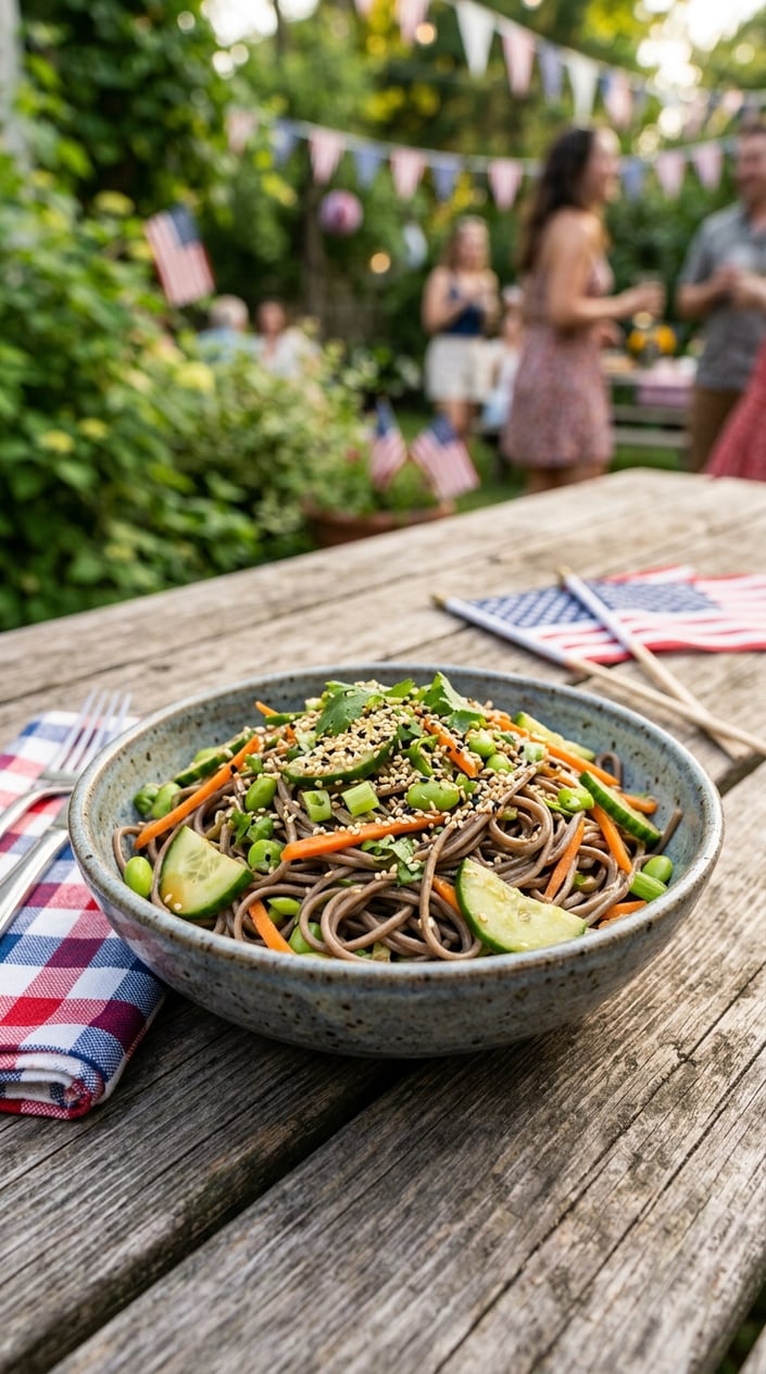 24 Fourth of July Foods That Bring Everyone to the Backyard on Time 17 A bowl of cold soba noodle salad with sesame dressing, garnished with vegetables and sesame seeds, set on a wooden table outdoors with subtle Fourth of July decorations.
