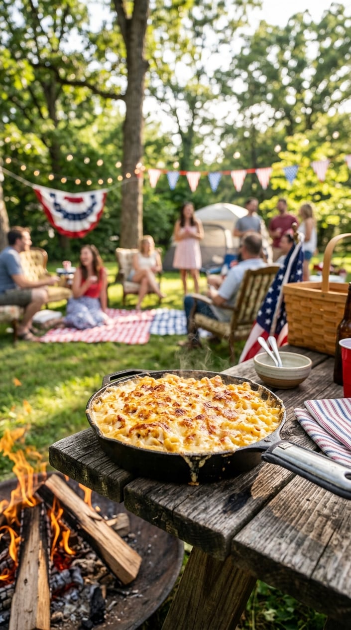24 Fourth of July Foods That Bring Everyone to the Backyard on Time 18 A cast-iron skillet filled with creamy mac ’n’ cheese on a wooden table near a campfire in a backyard setting with outdoor seating and subtle Fourth of July decorations.
