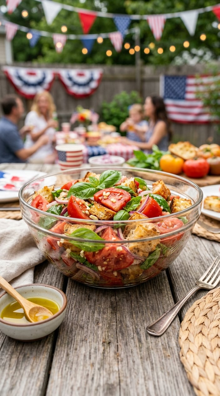 24 Fourth of July Foods That Bring Everyone to the Backyard on Time 19 A bowl of tomato basil panzanella salad with tomatoes, basil, and toasted bread on a wooden table in an outdoor backyard setting.
