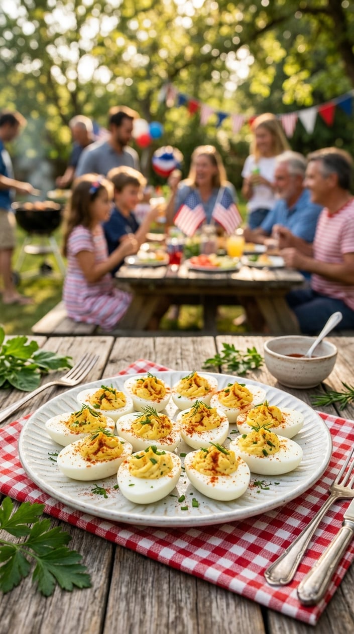 24 Fourth of July Foods That Bring Everyone to the Backyard on Time 20 Plate of classic deviled eggs topped with smoked paprika on a wooden table with a backyard gathering in the background.