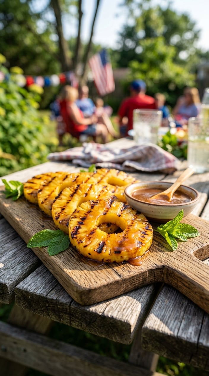 24 Fourth of July Foods That Bring Everyone to the Backyard on Time 21 Grilled pineapple rings with cinnamon-honey drizzle on a wooden board outdoors, set on a picnic table with greenery in the background.