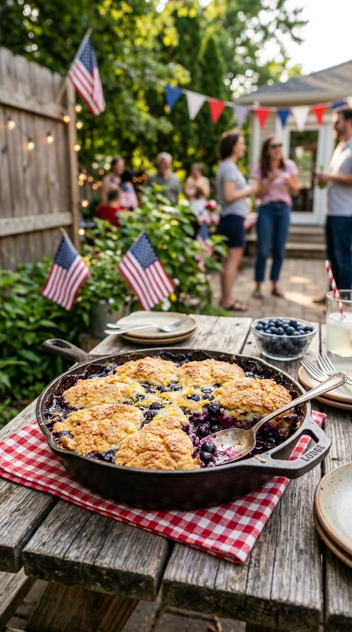 24 Fourth of July Foods That Bring Everyone to the Backyard on Time 22 A freshly baked blueberry-lemon cobbler in a cast iron skillet on a wooden table with Fourth of July decorations in the background.