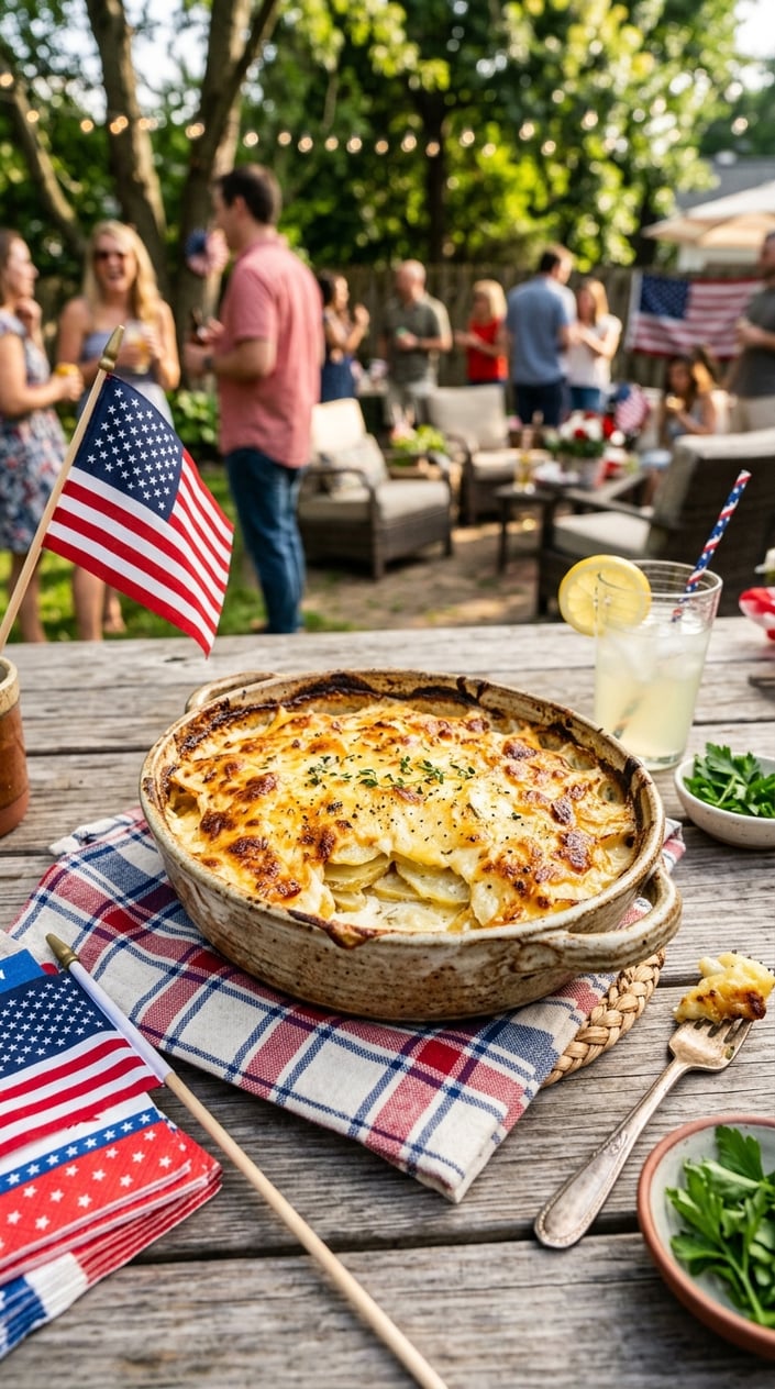24 Fourth of July Foods That Bring Everyone to the Backyard on Time 23 A baked smoked gouda potato gratin in a ceramic dish on a wooden table with American flags and summer backyard decorations.