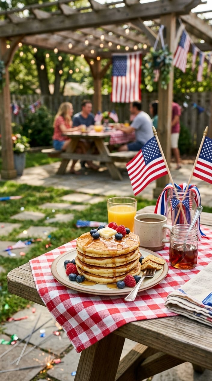 24 Fourth of July Foods That Bring Everyone to the Backyard on Time 24 A stack of buttermilk pancakes with berries and syrup on a picnic table decorated with small American flags in a backyard setting.