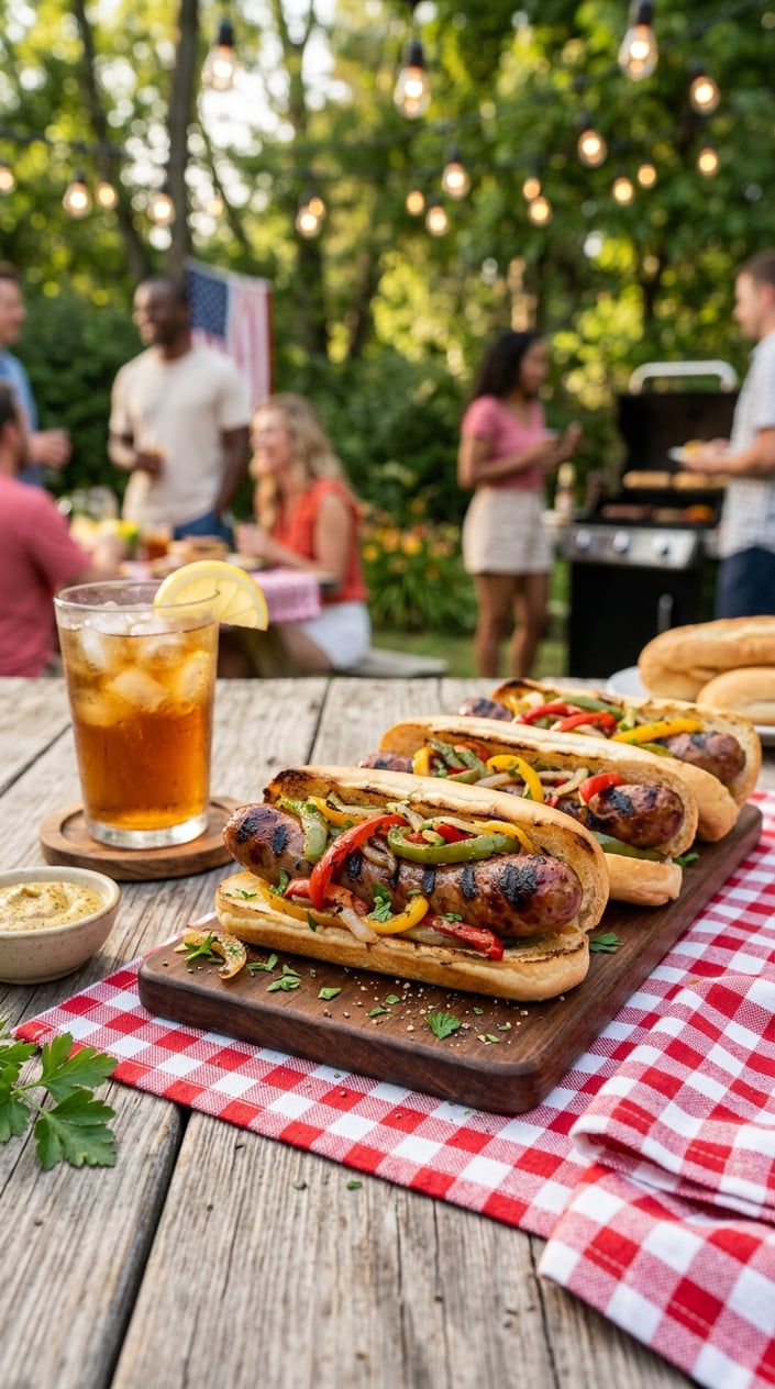 24 Fourth of July Foods That Bring Everyone to the Backyard on Time 25 Grilled sausages and sautéed bell peppers served on hoagie rolls placed on a wooden picnic table in a backyard setting.