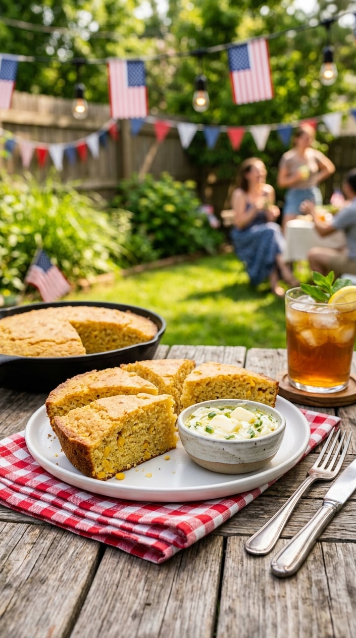 24 Fourth of July Foods That Bring Everyone to the Backyard on Time 26 A plate of sliced cornbread with jalapeño butter on a wooden table outdoors with summer picnic items in the background.