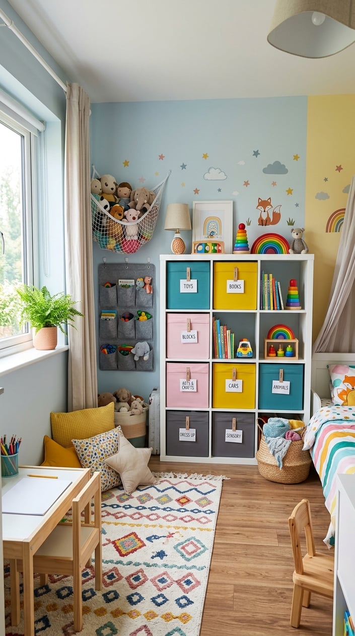 A children's room with a neatly organized IKEA Kallax shelving unit filled with colorful bins, toys, and books, with a small play area nearby.