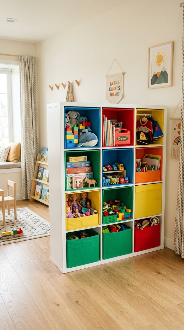 A neatly organized kids' room with a white shelving unit containing color-coded bins filled with toys, books, crafts, and dress-up clothes.