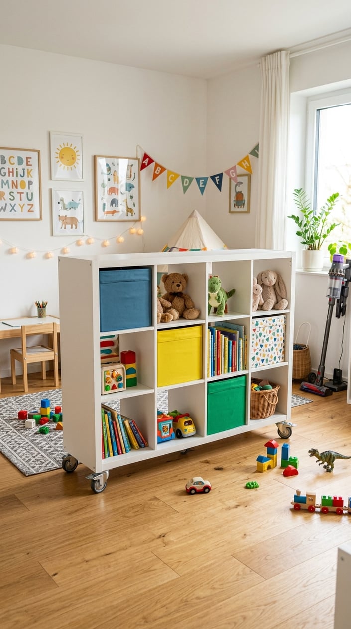 A white IKEA Kallax shelving unit with caster wheels in a children's room filled with toys and colorful bins.