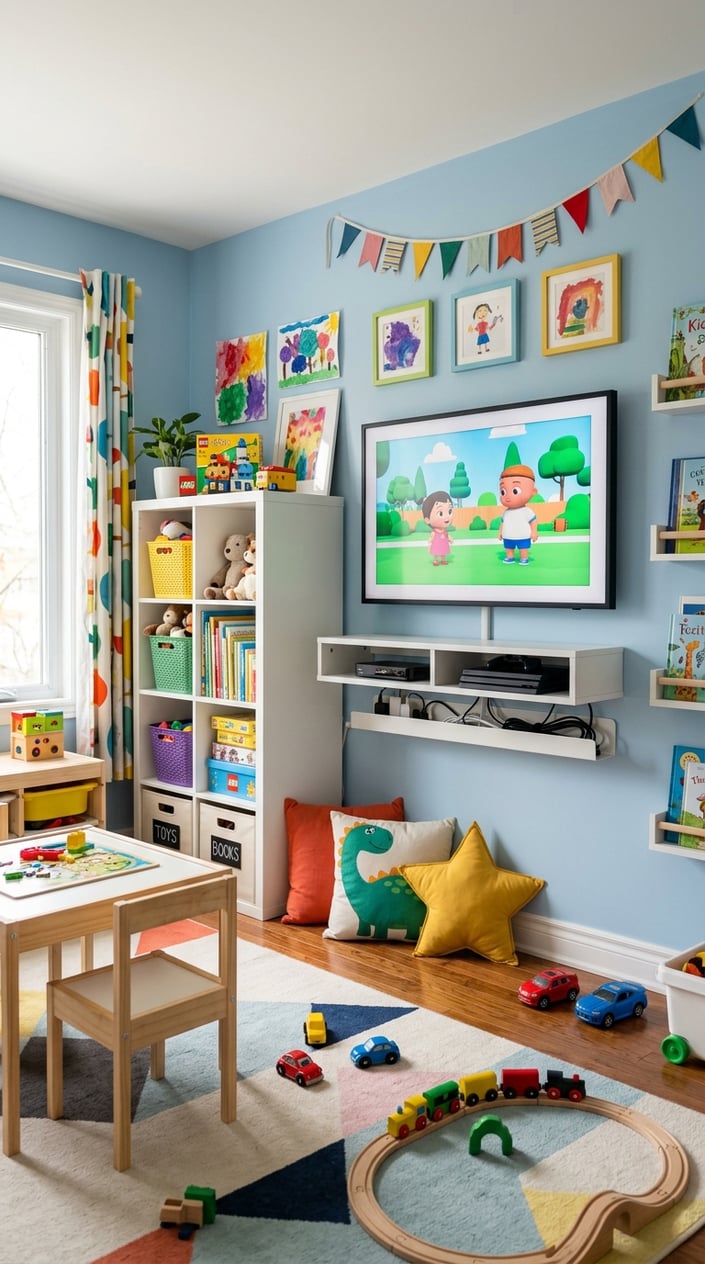 Children's room with a wall-mounted TV, a cable tray hiding cords below it, and a Kallax shelving unit filled with toys and books.
