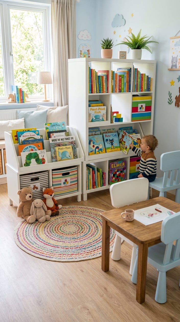 A children's room with a Kallax shelf displaying colorful books angled outward for toddlers, surrounded by toys and child-sized furniture.