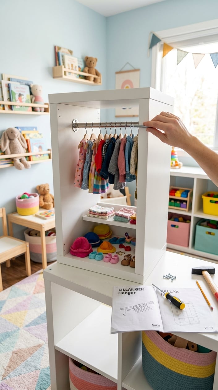 A children's room showing a partially assembled Kallax wardrobe with a rod and hooks holding dolls' clothes inside.