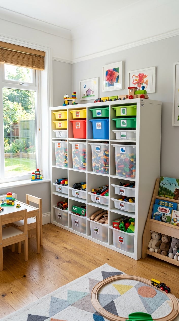 A children's room with a white shelving unit holding multiple storage bins filled with LEGO bricks and model trains.