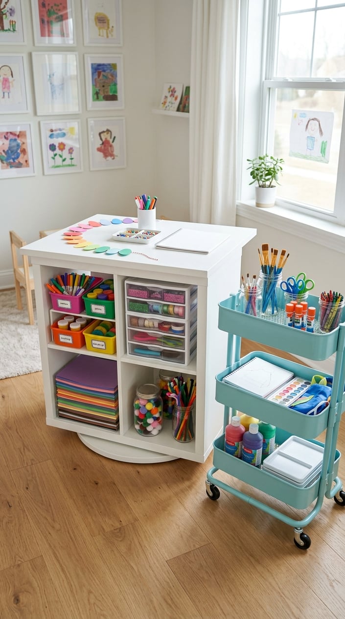 A children's craft station with a rotating Kallax shelf and an IKEA RÅSKOG rolling cart filled with colorful art supplies in a bright room.