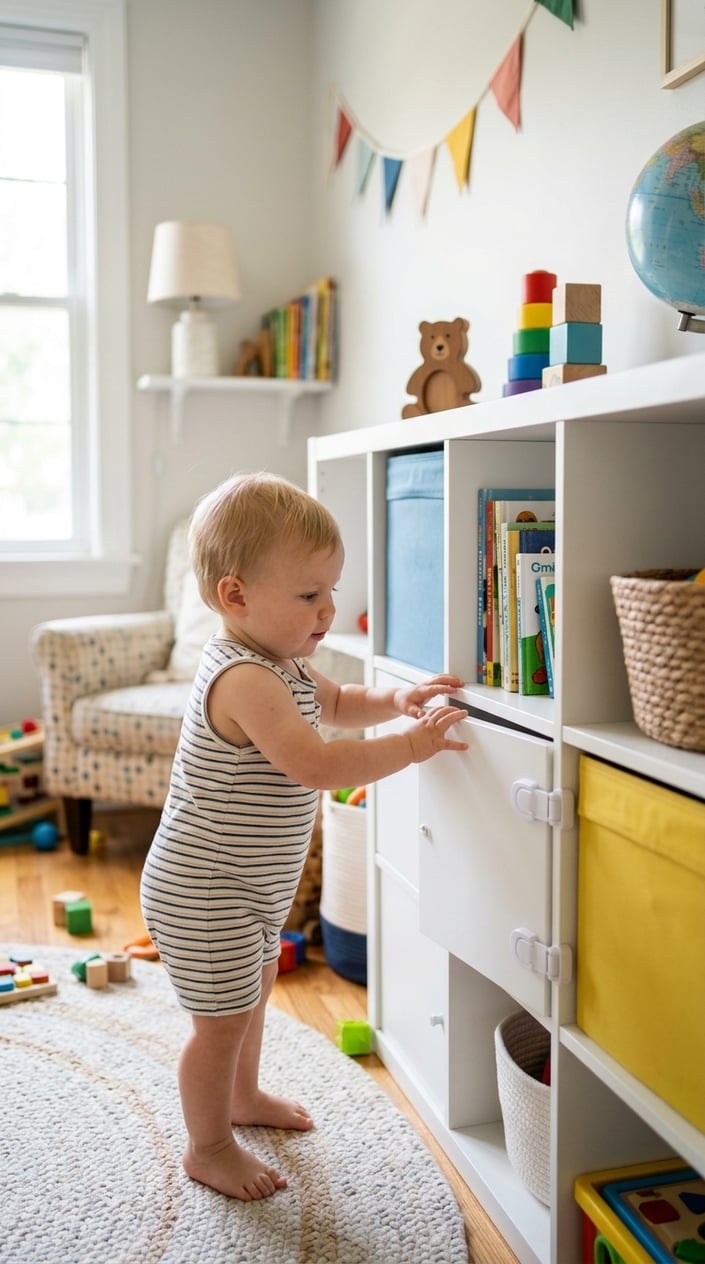 Small toddler hands reaching for child-proof magnetic catches on Kallax storage unit doors in a children's room.