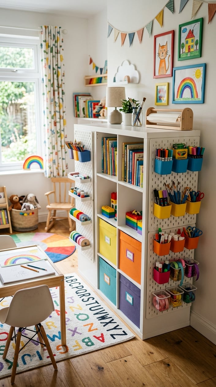 Children's room with a Kallax shelf and SKÅDIS pegboards holding colorful art supplies on the sides.