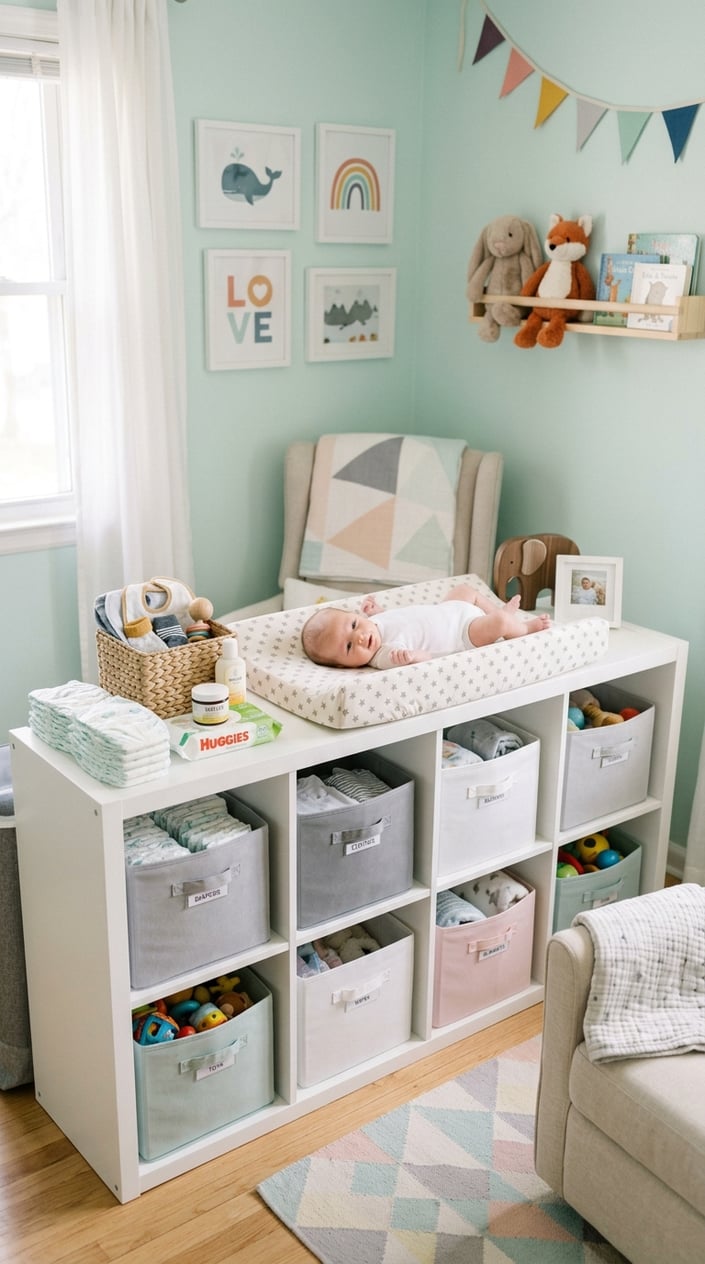 A children's room with a white Kallax cube topped by a fitted changing pad and baby care items arranged neatly around it.