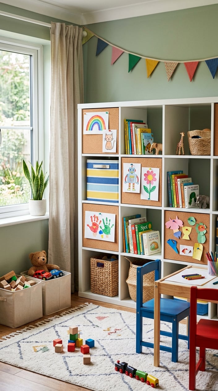 A children's playroom with a white shelving unit featuring cork-lined cubes displaying pinned kids' artwork and crafts.